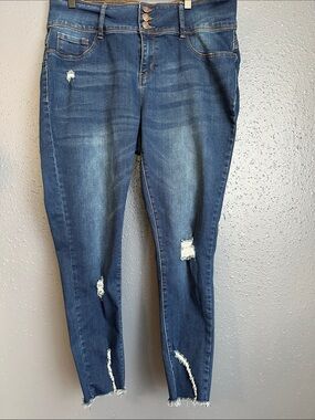 Women’s Dark Blue High-Rise Distressed Jeans